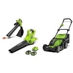 Greenworks Tondeuse à batterie G40LM41 & Coupe-bordures sans fil G40LT & Souffleur à feuilles GD40BV (Li-Ion 40V Flowerguard régulateur de vitesse 185 km/h avec batteries 2x2Ah et chargeur)