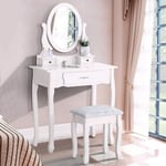 Dans Les Nuages - Coiffeuse avec Miroir, Tabouret, 3 tiroirs, portes, Commode en bois, Style Moderne - Blanc