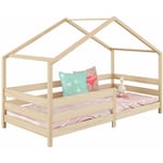 Lit cabane rena lit simple montessori pour enfant 90 x 200 cm, avec barrières de protection, en pin massif à la finition naturelle - Naturel