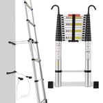 Échelle Télescopique 5M avec Stabilisateur d'échelle, Marchepieds Escamotables en Aluminium avec Barre Stabilisatrice