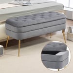 Banc rembourré ottoman de rangement, repose-pied pour entrée, salon et chambre à coucher, en velours, 104x40x51cm, gris