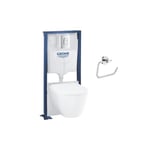 Pack WC suspendu sans bride GROHE Essence avec abattant + plaque chromée + bâti Grohe + Dérouleur papier