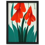 Wee Blue Coo Modern Abstract Crimson Red Bloom Wild Flowers Teal Leaves on White Artwork Framed Wall Art Print A4