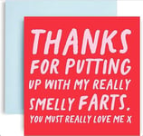 Huxters Anniversary Card – Thanks for putting up with my farts - Funny Card for Wife - Husband - Boyfriend - Girlfriend – 350GSM Valentines Day Card – Blank for Custom Message – 14.8cm (Farts)