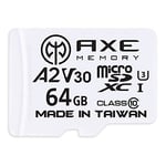 AXE MEMORY Carte Micro SD 64 Go - Mémoire MicroSDXC pour Nintendo Switch, GoPro, Drone, Smartphone, Tablette, 4K Ultra HD, A2 UHS-I U3 V30 C10, jusqu'à 100 Mo/s de Lecture, avec Adaptateur SD