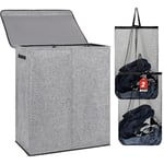 DOKEHOM 150L Double Panier à linge avec couvercle et sacs à linge amovibles, grand panier à linge pliable à 2 compartiments pour chambre, salle de bain, buanderie, université (Gris)