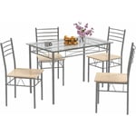 Ensemble Table et 4 Chaises, Table à Manger avec 4 Chaises, Cadre en Métal, Table Cuisine en Verre pour Salle à Manger, Cuisine, Restaurant, Salon