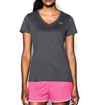 Under Armour Women Tech Short Sleeve V - Solid, Ladies T Shirt Made of 4-Way Stretch Fabric, Ultra-Light & Breathable Running Apparel for Women Carbon Heather