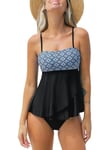 CUPSHE Ensemble tankini deux pièces pour femme - Col carré - Taille moyenne - Style rétro - Ourlet irrégulier, Noir/imprimé rétro, L