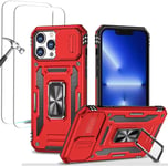 Antichoc Coque Para Iphone 12 Pro Max 6.7',Tpu+Pc Housse Protection De Qualité Militaire Avec Lentille Coulissante Couverture/2* Verre Trempé,Compatible Support De Voiture Magnétique-Rouge