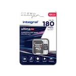 Integral 64GB Carte Micro SD 4K Vidéo Vitesse de Lecture 180MB/s et Vitesse d'Ecriture 150MB/s MicroSDXC A2 C10 U3 UHS-I 180-V30 Notre Carte Mémoire Micro SD Haute Vitesse la Plus Rapide