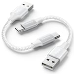 Baiwwa Short USB C Cable [0.3m/30cm 2Pack], Short USB C Charger Cable, Type-C Phone Lead Braided for iPhone 15, Samsung Galaxy S/A Series, Car Charger, Android Auto -White