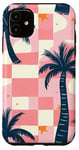 Coque pour iPhone 11 Rose Art Déco Plage à Carreaux Coucher De Soleil Océan Whimsical Palm