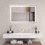 COSTWAY Miroir de Salle de Bain à LED, Miroir Mural Lumineux avec 3 Couleurs/Luminosité Réglable, Miroir Mural Rectangulaire avec Fonction Anti-Buée/Mémoire, Interrupteur Tactile, IP44(70 x 50 CM)