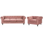 Ensemble Canapé et Fauteuil en Velours Rose Dossier à Points Diamant Chesterfield