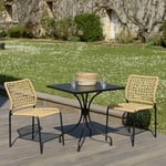 Vianney - Salon de jardin 2 personnes en acier noir - 1 table carrée 70x70cm et 2 chaises en cordage tressé beige