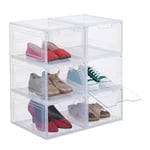 Relaxdays Boîtes à Chaussures, Lot de 6, avec Porte, empilables, Pointure jusqu'à 50, casier de Rangement, Transparentes