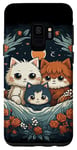 Coque pour Galaxy S9 mignon anime chat portrait de famille avec couronne, lune, fleurs