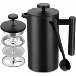 Cafetière à Piston inox, Français Presse Café Isolation à Double Paroi de 1 l, Paroi intérieure avec Cautèle, avec 5 Filtres à Café et Cuillère