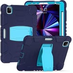 iPad Pro 11 2018/2020/2021 iPad Pro 11 Tablet Cases, Tablet Covers with Kickstand, Heavy Duty Hybrid Shockproof Rugged Three Layer Case for Kids (Navy Blue+Blue)