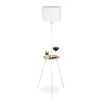 Relaxdays Lampe droite avec table, HlP 158x52x52 cm; E27, design scandinave; en bois et métal, avec trepied, blanche.