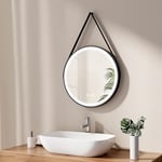 EMKE Miroir de Salle de Bain Rond 50 cm, Miroir Rond Salle de Bain avec Interrupteur Tactile et Fonction Anti-buée, Lumière Blanche 6500K, Cadre Noir et bandoulière réglable