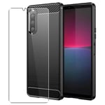 SDTEK Carbon Case for Sony Xperia 10 V Phone Cover and Glass Screen Protector