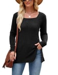 Akiooue Black Tops for Women UK, Square Neck Long Jumpers Knitted Solid Color Fit Sweater with Button Smart Casual Business Ladies Basics Clothing Black-XL