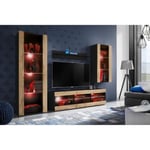 Meuble TV Tivoli Set Medio Komodee - LED RGB - Bois naturel Mat et Noir - 195x159x35 cm