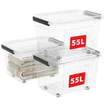 Cetomo 55L*3 Boîtes de Rangement avec Couvercles, Boîte de Rangement en Plastique avec Clips et Roulettes, Empilables, Encastrables, pour Placard de Bureau à Domicile, Transparent, 55L, Lot de 3