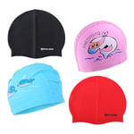 Endless Family Swimming Cap Set - 4-Pack Silicone Swim Caps | 2 Adult & 2 Kids Unisex Caps | Soft, Stretchy & Leak-Proof | Perfect for Pool, Beach, and Open Water | Blue Pink Black Red