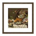 Pieter Claesz Still Life With A Turkey Pie Realism 8X8 Inch Square Wooden Framed Wall Art Print Picture with Mount