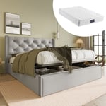 Lit coffre Lit double Lit adulte 160 x 200 cm avec sommier à lattes en métal, en coton, gris clair, matelas inclus