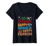 Womens Merry Christmas Happy Hanukkah Happy Kwanzaa Chanukah gift V-Neck T-Shirt