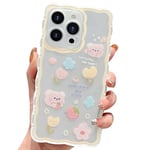 ECZOIL Compatible avec Coque iPhone 15 Pro Wave Aesthetic Mignon Dessin Motif Floral et Ours Cute Clear Femmes Filles Kawaii Slim Soft TPU Transparent Phone Case for iPhone 15 Pro-Jaune