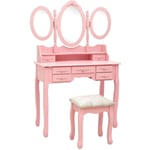 Coiffeuse avec tabouret et miroir pliable en 3 Rose Vidaxl Rose