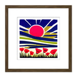 Abstract Sunrise Indigo Blue Sky Over A Field Of Red Poppy Flowers Painting Square Wooden Framed Wall Art Print Picture 8X8 Inch