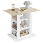 WOLTU Table Bar, Table Haute, Mange Debout, Table Bar de Cuisine avec Rangement, Ilôt Central Cuisine, 2 Porte-Verres, 3 Casiers Ouverts, Étagères Latérales, 105x94x68cm, Blanc+Chêne Clair