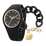 ICE-WATCH - Ice Glitter Black - Montre Noire pour Femme avec Bracelet en Silicone - 001356 (Medium)+ Chain Bracelet - Black - Bracelet Mailles XL de Couleur Noire (020354)