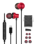 PALOVUE Lightning Headphones Earphones MFi Certified Earbuds Compatible iPhone 13 12 11 Pro Max iPhone X XS Max XR iPhone 8 7 Plus with Mic Controller (EarFlowPlus, Red)