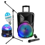 Enceinte sono portable batterie - 700W 12" à LED RGB - USB/ SD/BT/FM + Support Longue perche avec Micro VHF, 2 Jeux Lumières LED