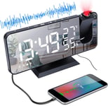 Radio Reveil Projection Plafond, 180° Projecteur Réveil Radio, Horloge Numérique Avec 7"" Led Écran Miroir Chargement Usb Port Fonction Snooze Double Alarme Horloge Digitale 12/24H