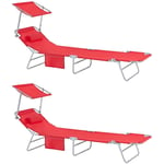 OGS48-Rx2 Lot de 2 Bain de Soleil Chaise Longue Transat de Jardin Pliables Position réglable avec Parasol Pare Soleil - Rouge - Sobuy