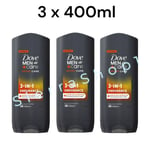 3 x 400ml Dove Men+Care Hair, Face & Body Wash, 3 in 1 Endurance, Micro Moisture