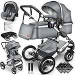 KIDUKU® Poussette Combinée 3 en 1 | Trio pour Enfants | Siége Auto Légère, Piable | Nacelle Souple Convertible | Set de Voyage (Gris)