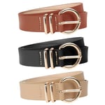 Euqvunn 3 Pièces Ceinture Femme en PU, Rétro Ceintures Femme avec Boucle Dorée, Ceinture Taille pour Robe Jeans, Ceintures en PU pour Dame Sangle de Taille de Mode 105 x 2,9cm Noir Marron Beige