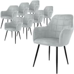 Lot de 8 Chaises de Salle à Manger avec Dossier et Accoudoirs, Gris, Chaises de Cuisine avec Revêtement en Velours, Pieds en Métal Noir, Chaises