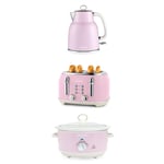 Salter Retro 1.7L Kettle, 4 Slice Toaster & 3.5L Electric Slow Cooker Set Pink