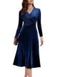 Berylove Robe en velours pour femme - Robe de soirée longue - Robe festive - Col en V - Robe de bal - Manches longues - Robe de cocktail - Robe d'hiver, bleu marine, M