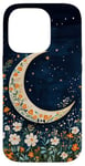 iPhone 14 Pro Floral Crescent Moon Dark Blue Cottagecore Botanical Case